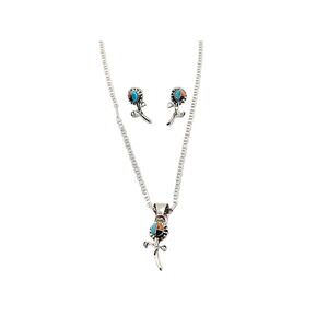 Navajo Jerome Yazzie Stem Floral Necklace Earring Set Multi-Stone Inlay Jewelry*